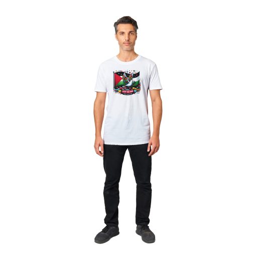 High-fashion men's T-shirt to promote the end of the war in Palestine